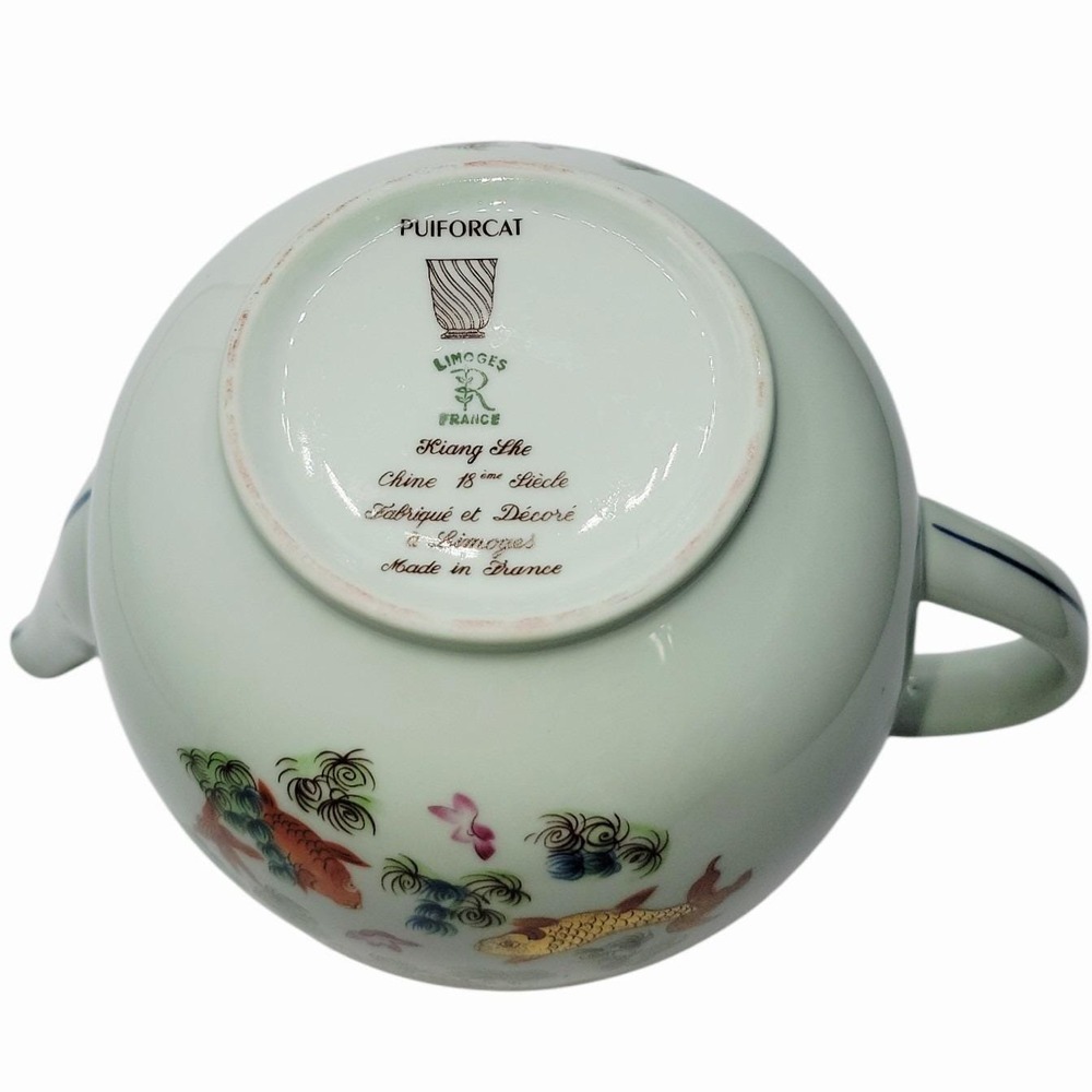 Puiforcat Limoges France Kiang She Porcelain Teapot Chinese Fish Motif 8" No Lid - Picture 8 of 8